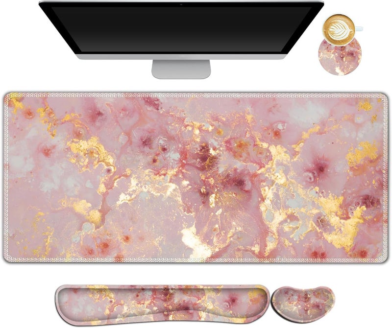 AIMSA Keyboard Mouse Pad Set, Large Gaming Mouse Pad +Wrist Rest Mouse Pad +Keyboard Wrist Support +Coaster, 35x15.7 inch Extended Desk Mat for Easy Typing Pain Relief (Pink Gilt Marble) - Image 1